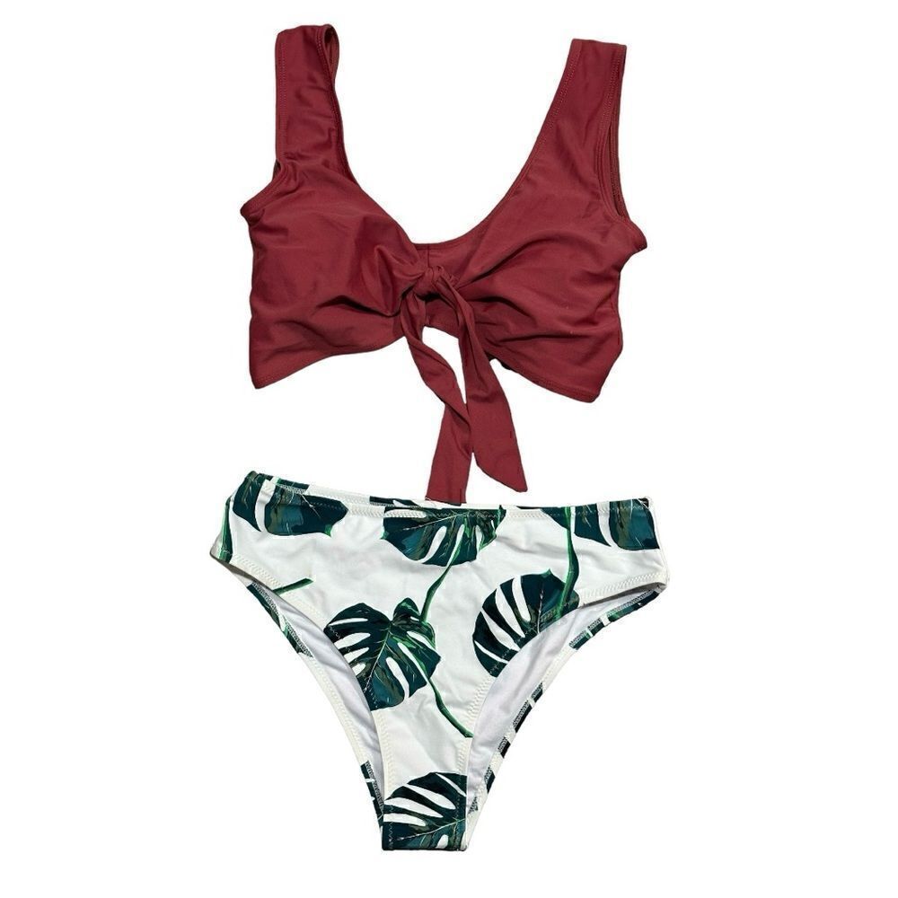 Shein Rust White and Green Leaf Bikini Size Medium